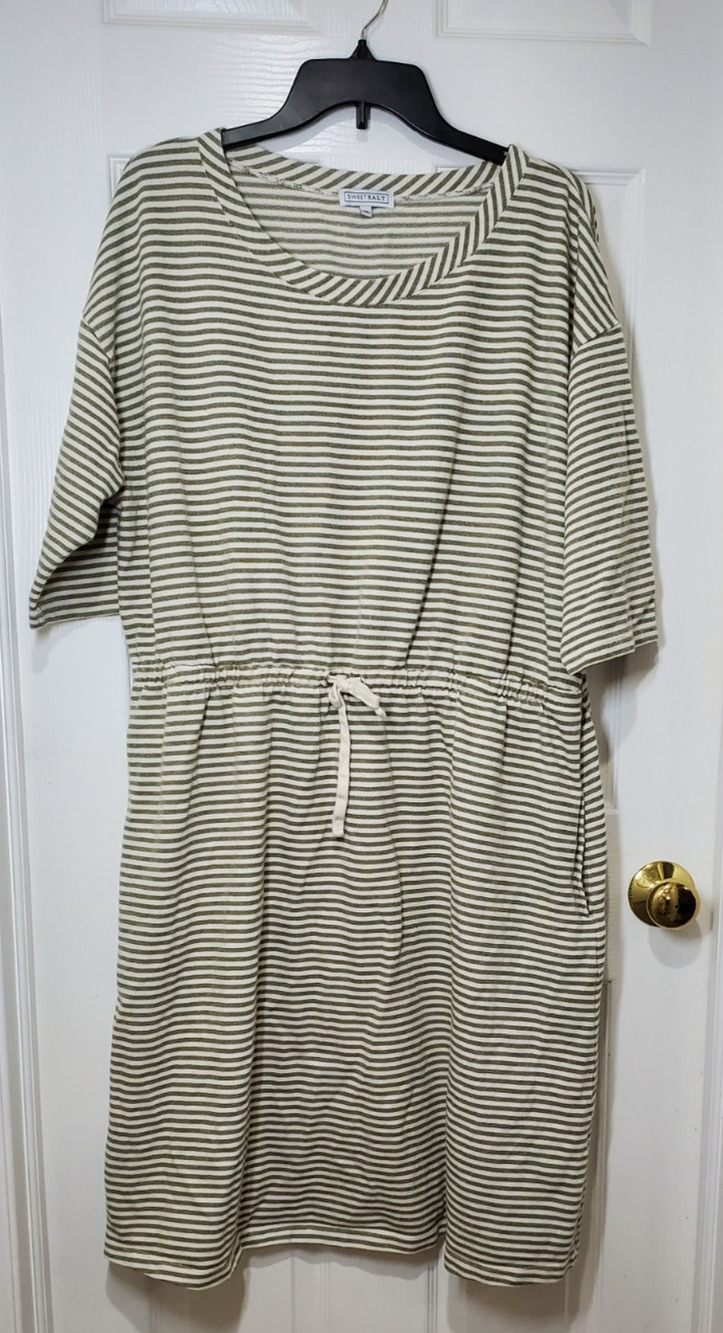 Sweet Salt XXL Green White Striped Midi Dress Drawstring Waist Cotton Blend